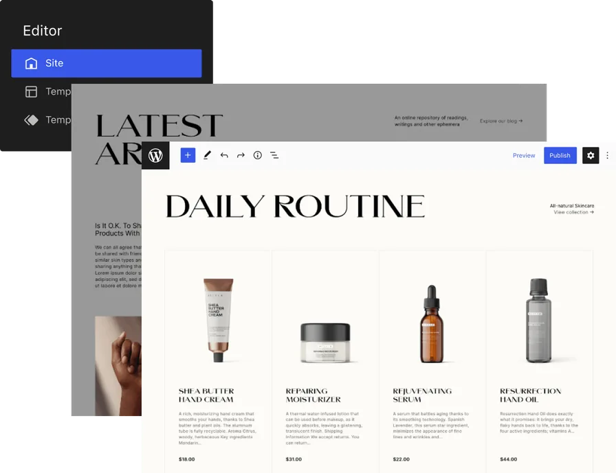 WordPress site editor showing a skincare shop page built with blocks
